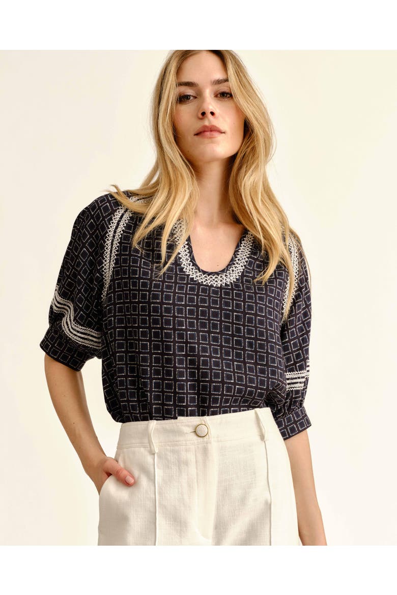 Eleanor Linen Top, Alternate, color, Seaglass Print-Midnight Blue