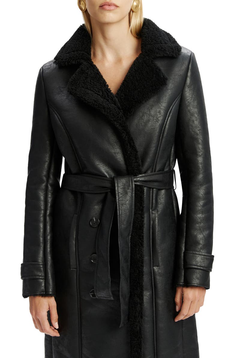 Bardot Belted Faux Leather & Faux Shearling Trim Trench Coat, Alternate, color, Black