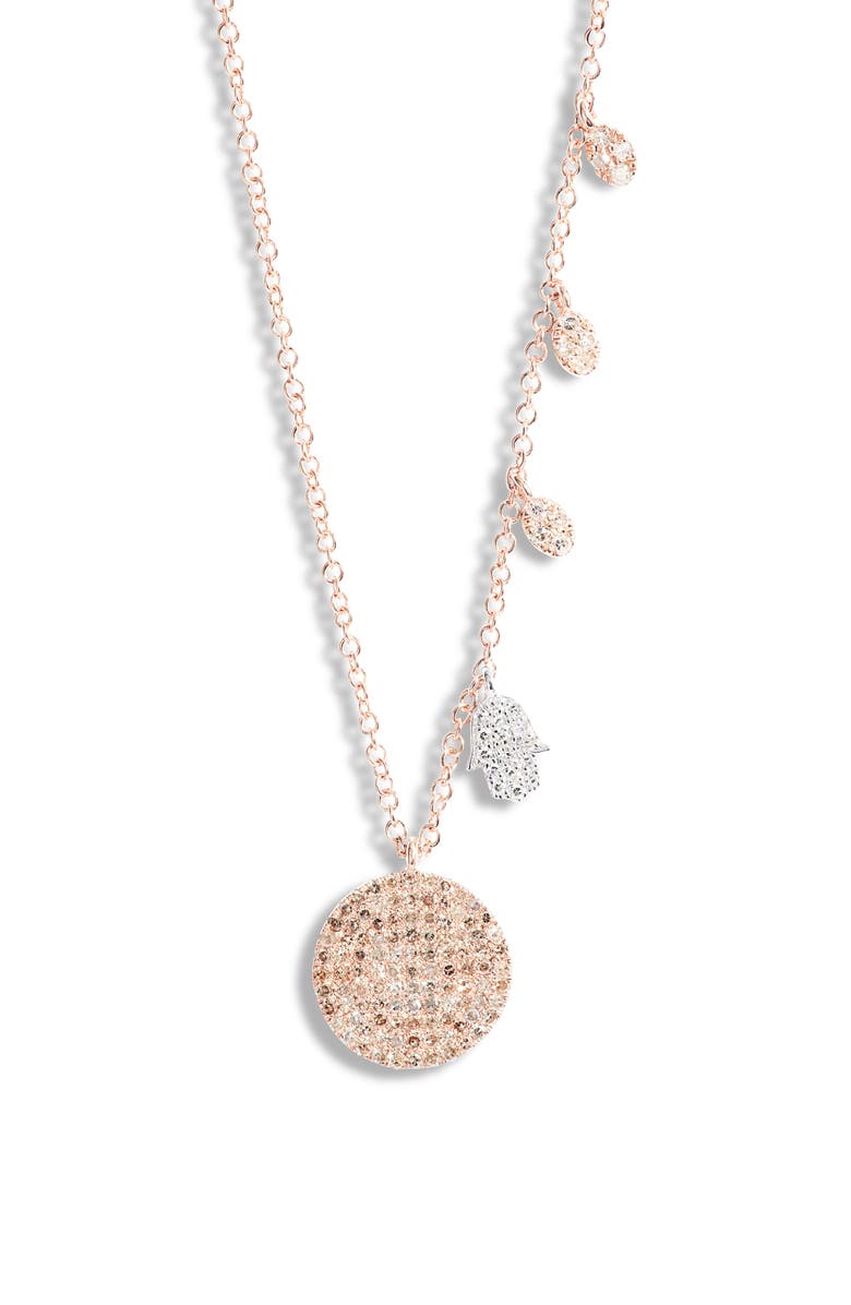 Meira T Diamond Pavé Disc & Hamsa Necklace, Main, color, Rose Gold