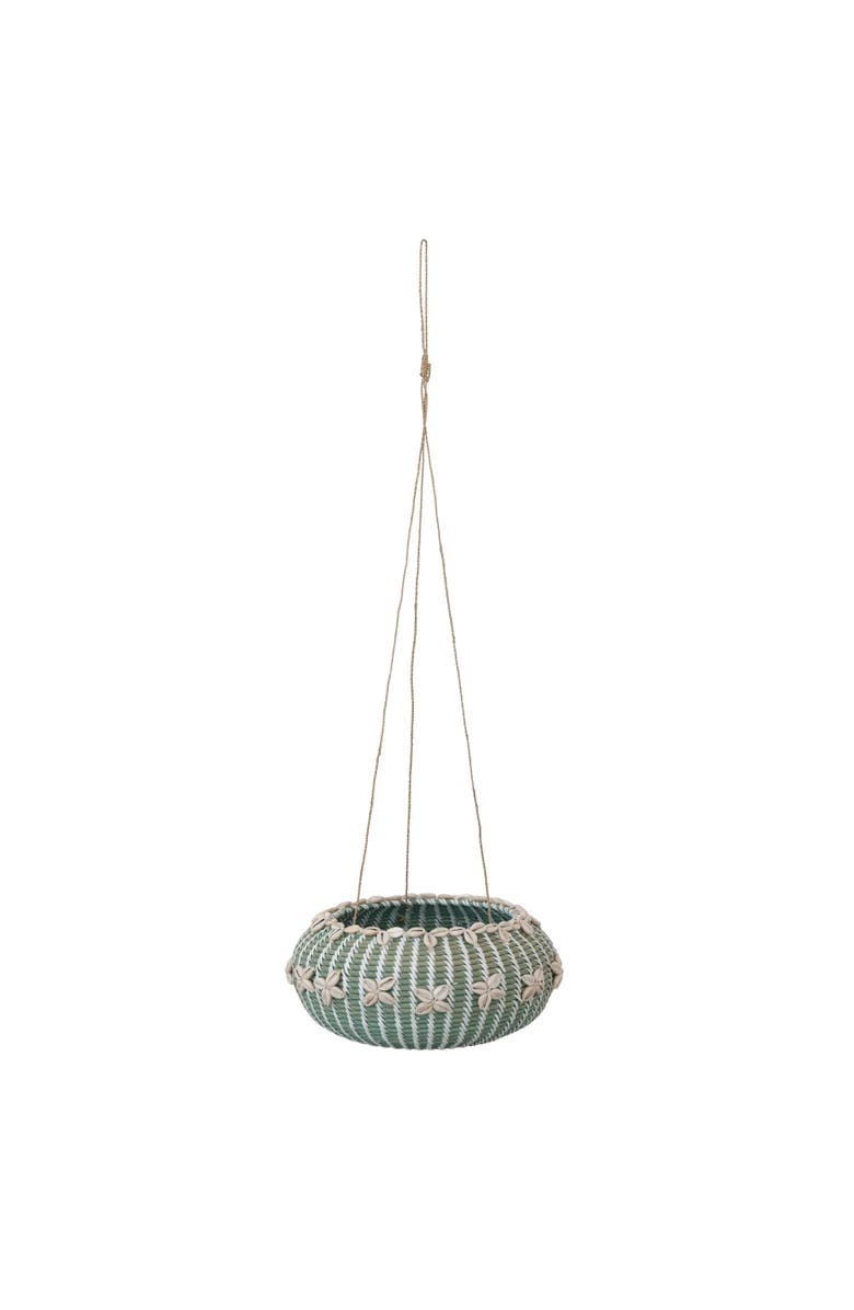 Storied Home Hanging Handwoven Rattan Planter with Shells and Jute Hanger, Main, color, Blue