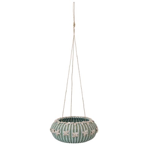 Hanging Handwoven Rattan Planter with Shells and Jute Hanger