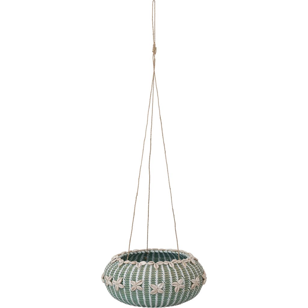 Storied Home Hanging Handwoven Rattan Planter With Shells And Jute Hanger In Blue