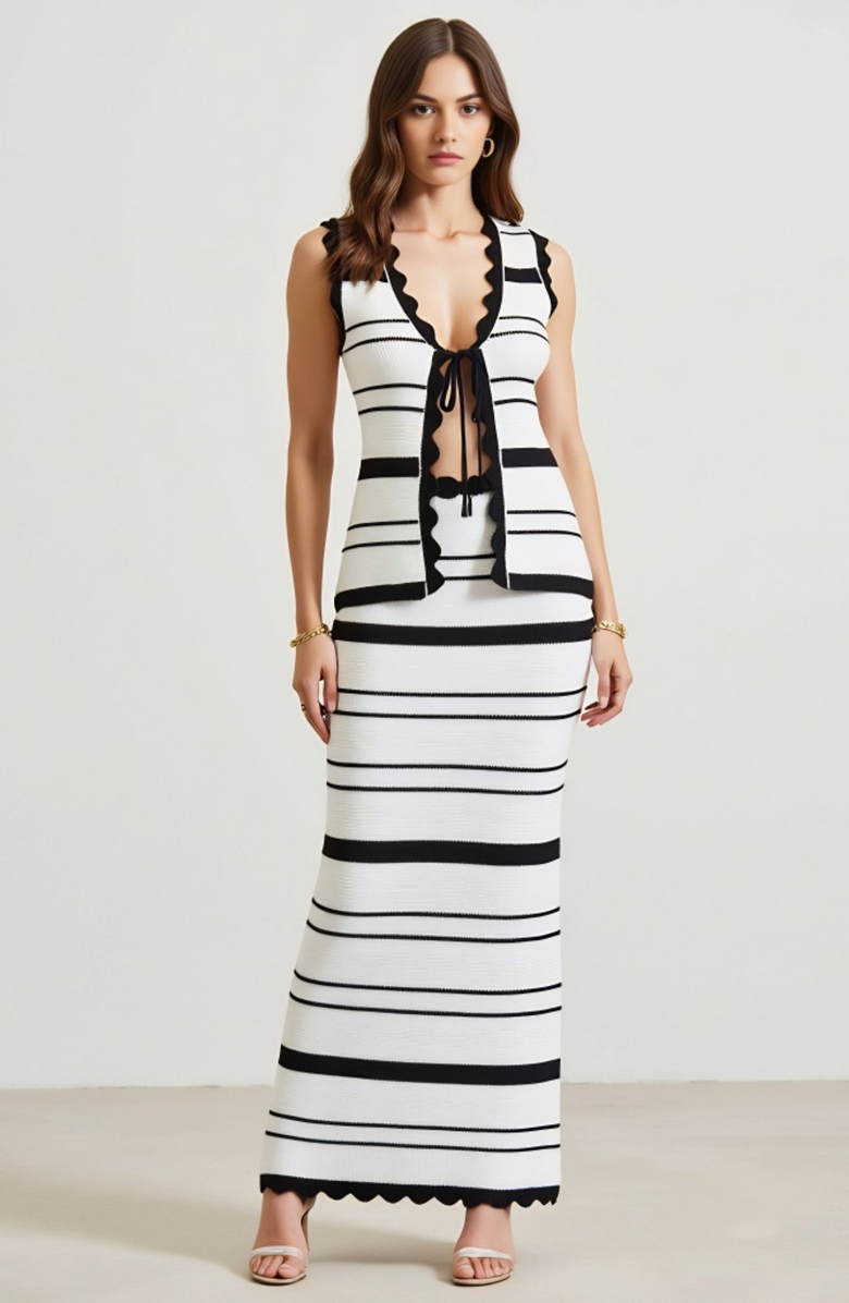 Modenaire Striped Tie-Front Top and Maxi Skirt Set, Alternate, color, Black / White Stripes