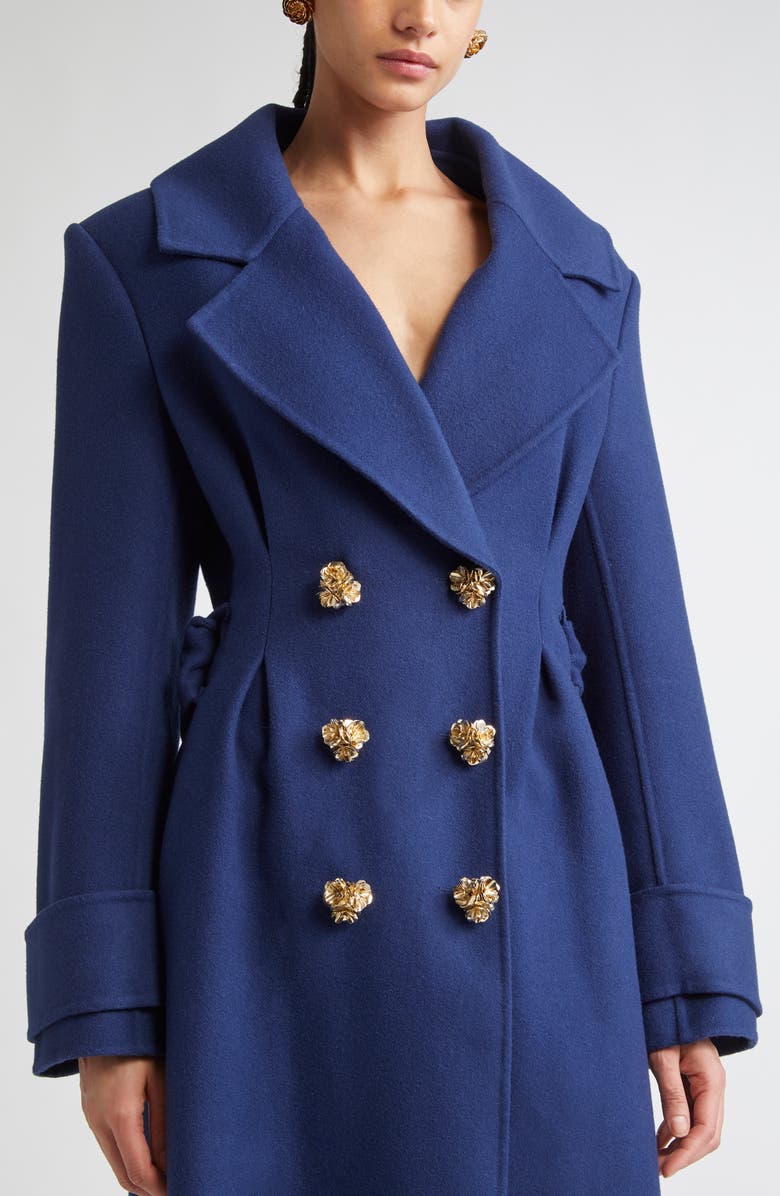 Carolina Herrera Flower Button Wool Long Peacoat, Alternate, color, Dark Navy