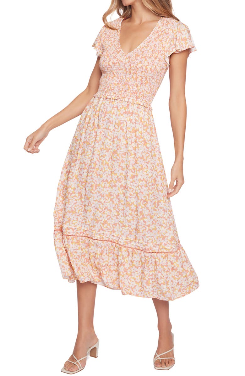 Lost + Wander Coastal Daisies Smocked Bodice Midi Dress, Alternate, color, 