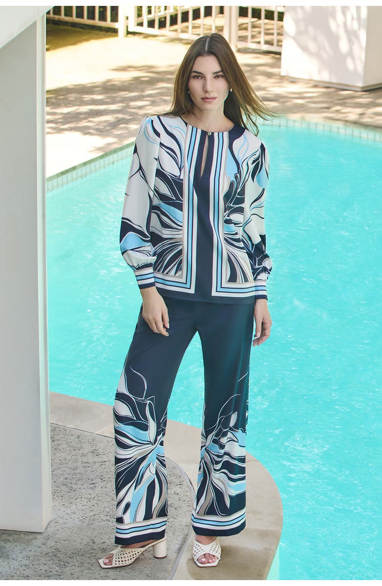 Ming Wang Floral Abstract Crepe de Chine Blouse, Alternate, color, Indigo/White/Serene