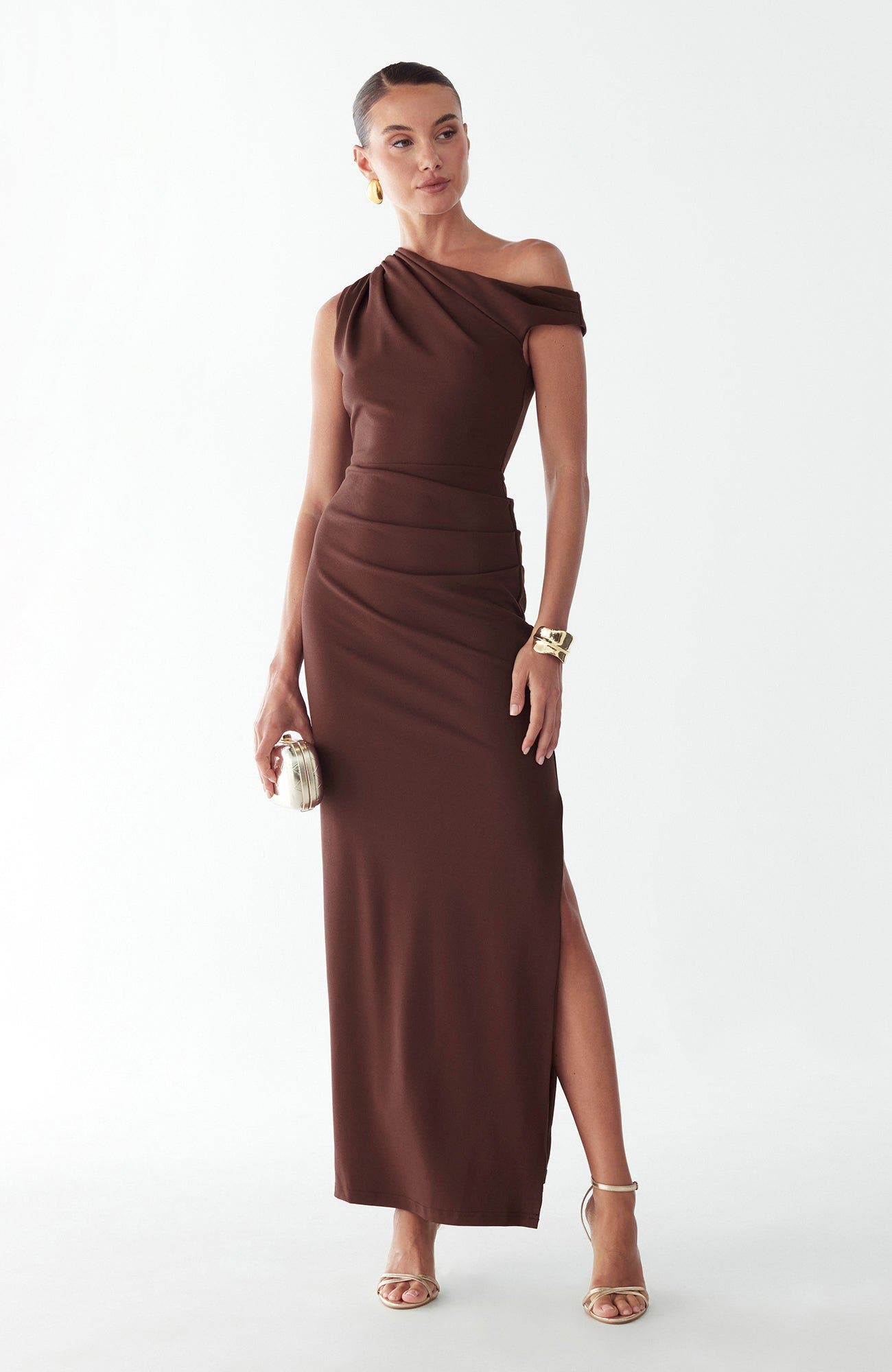 rios one shoulder maxi dress brown Rios One Shoulder Maxi Dress Brown