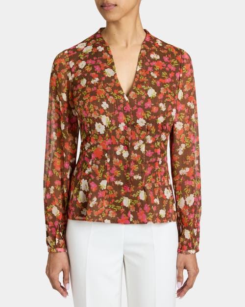 Santorelli Winnie Long Sleeve Buttoned Blouse In Floral Crinkle Georgette In Multi