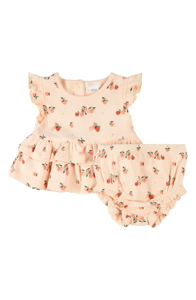 FIRSTS by Petit Lem Fruit Print Cotton Rib Dress & Bloomers, Main, color, Light Coral