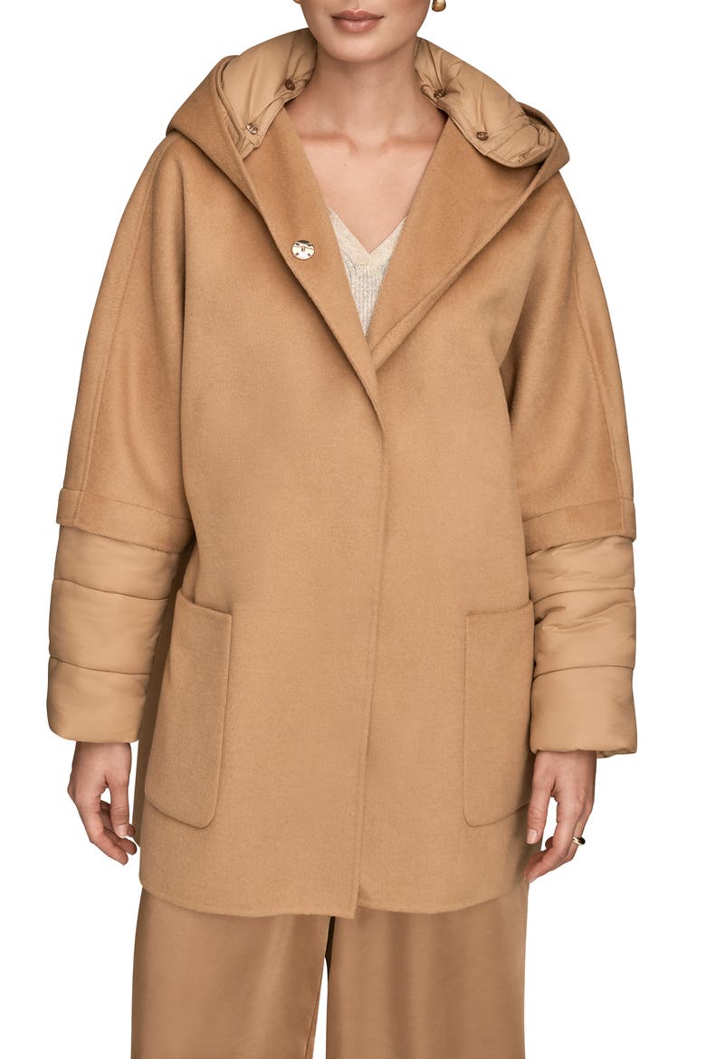 Mixed Media Puffer Sleeve Wool Blend Coat, Main, color, FAWN