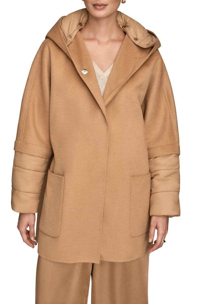Donna Karan New York Mixed Media Puffer Sleeve Wool Blend Coat, Main, color, Fawn