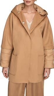 Donna Karan New York Mixed Media Puffer Sleeve Wool Blend Coat