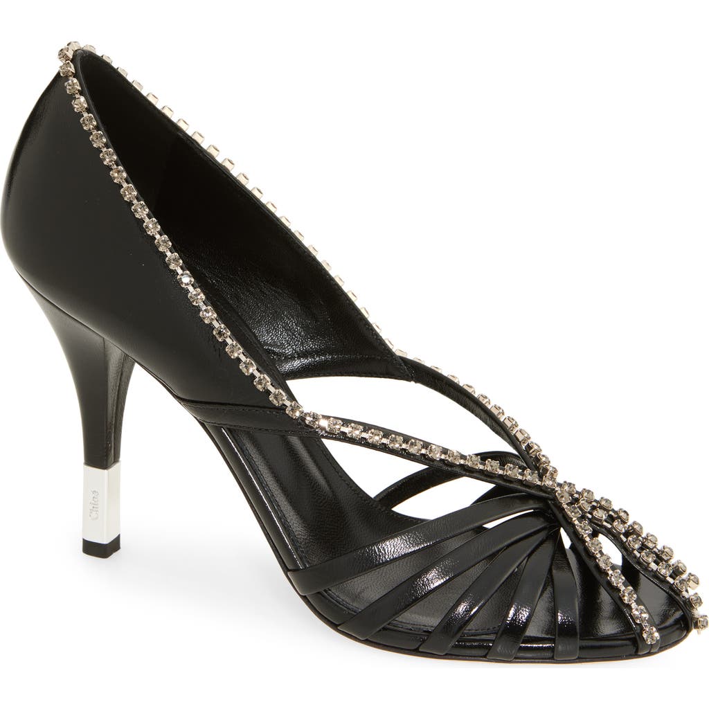 Chloé Leonie Crystal-embellished Leather Pumps In Black Silver
