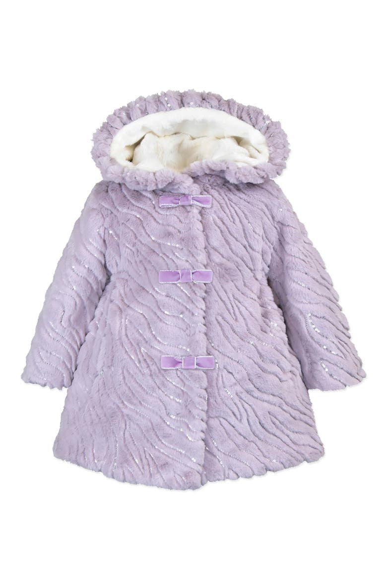 Faux Fur Ruffle Hooded Bow Coat, Main, color, PURPLE RAIN