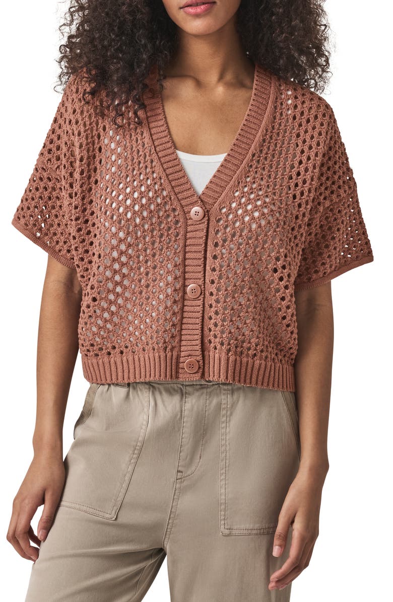 Splendid Nova Short Sleeve Cotton Pointelle Cardigan, Main, color, Chestnut