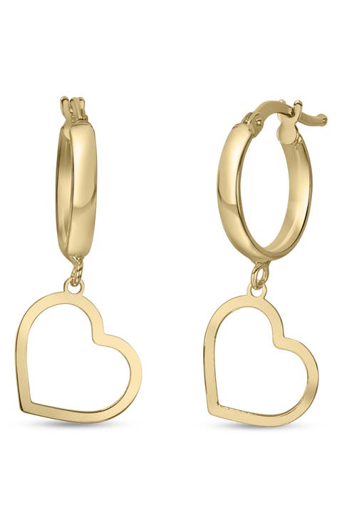 14K Yellow Gold Heart Drop Huggie Hoop Earrings