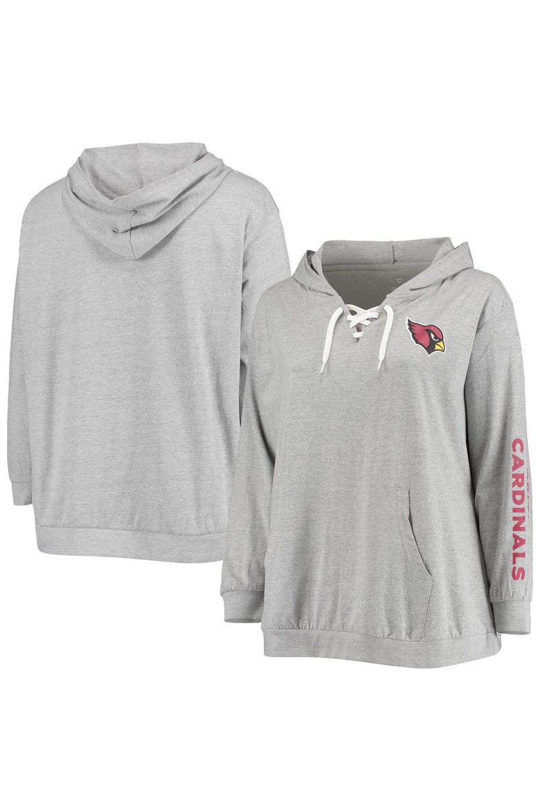 Women's Fanatics Branded Heathered Gray Arizona Cardinals Plus Size Lace-Up Pullover Hoodie, Main, color, Heather Gray