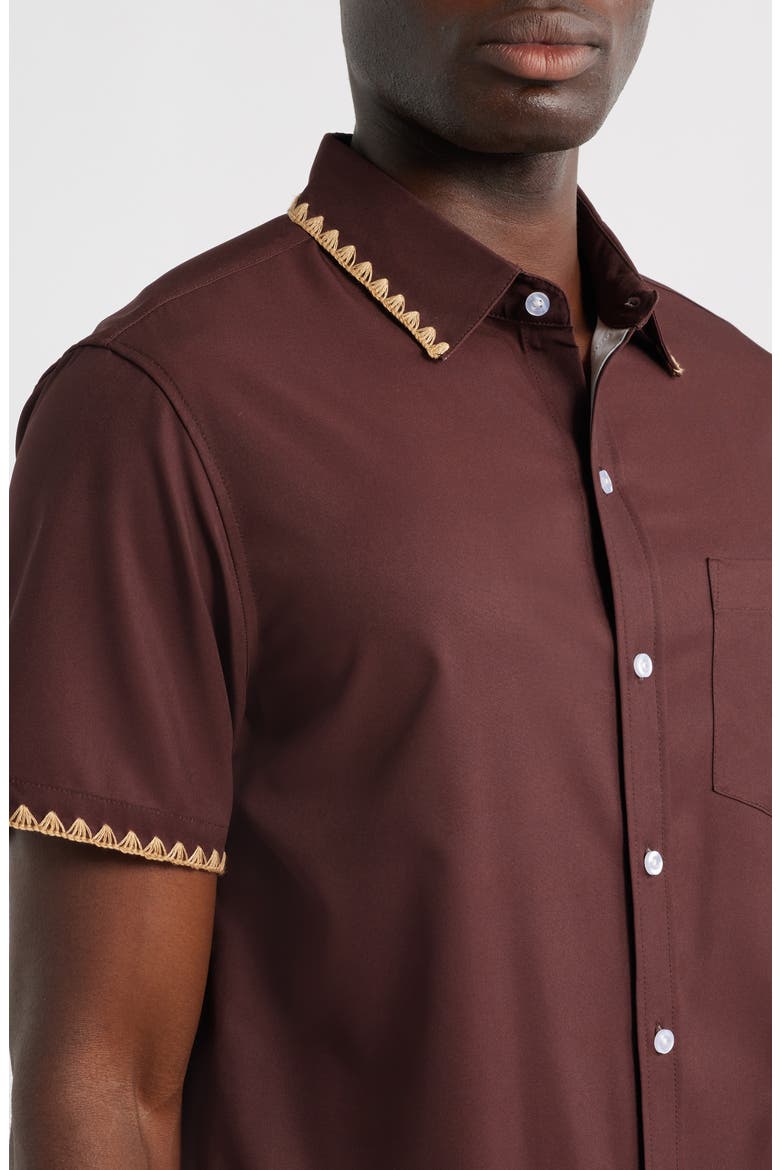Espresso Crochet Trim Short Sleeve Button-Up Shirt, Alternate, color, BROWN