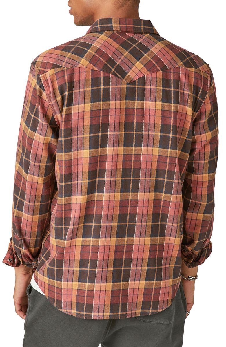 Lucky Brand Plaid Cotton Stretch Flannel Snap-Up Western Shirt, Alternate, color, Brown/ Red