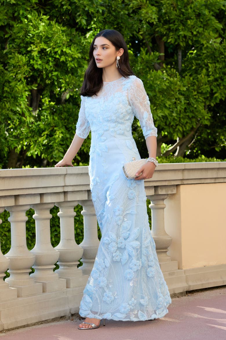 3/4 Sleeve High Neck Embroidered A Line Gown, Alternate, color, Periwinkle