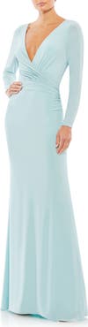 Mac Duggal Long Sleeve Ruched Jersey V-Neck Gown