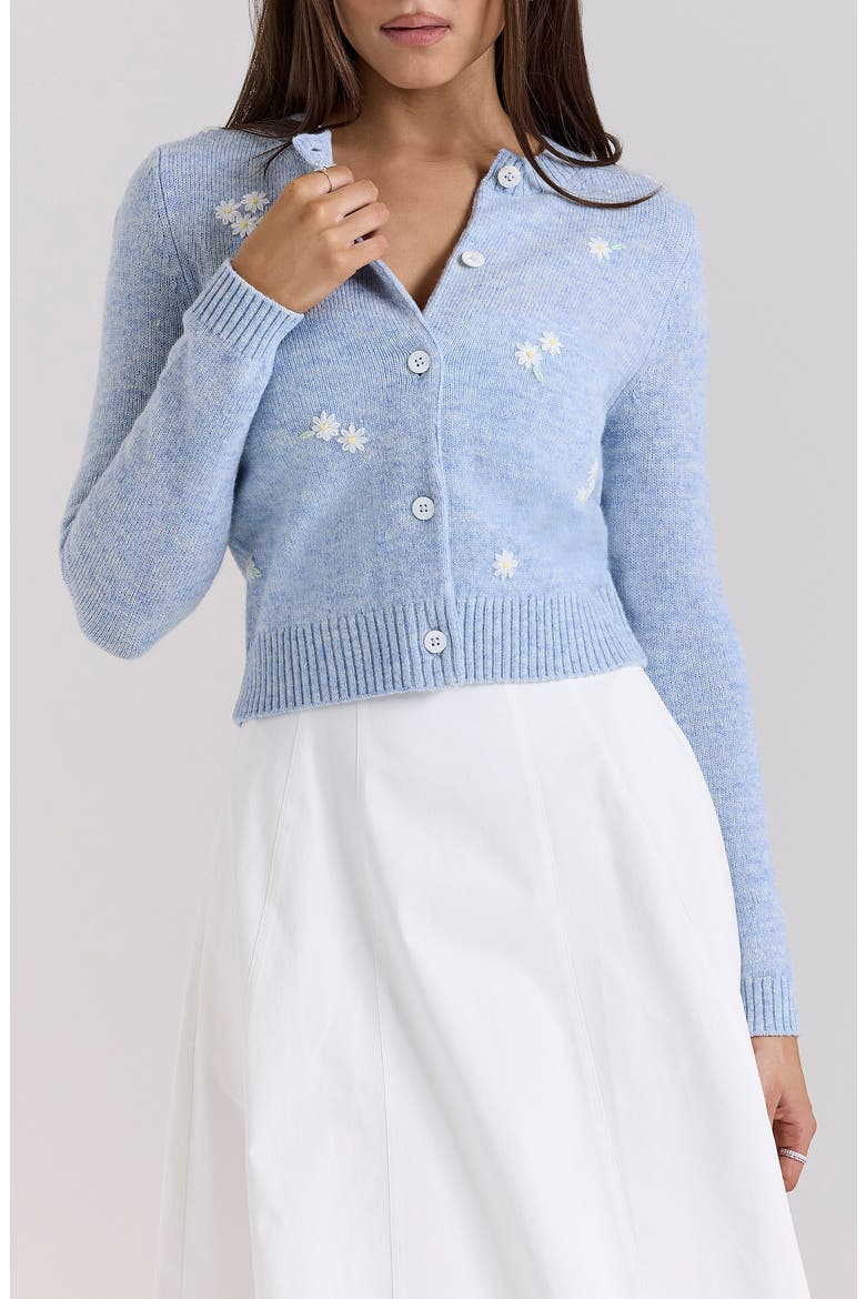 Atheia Flower Embroidered Wool Blend Cardigan, Main, color, ANCIENT WATER BLUE