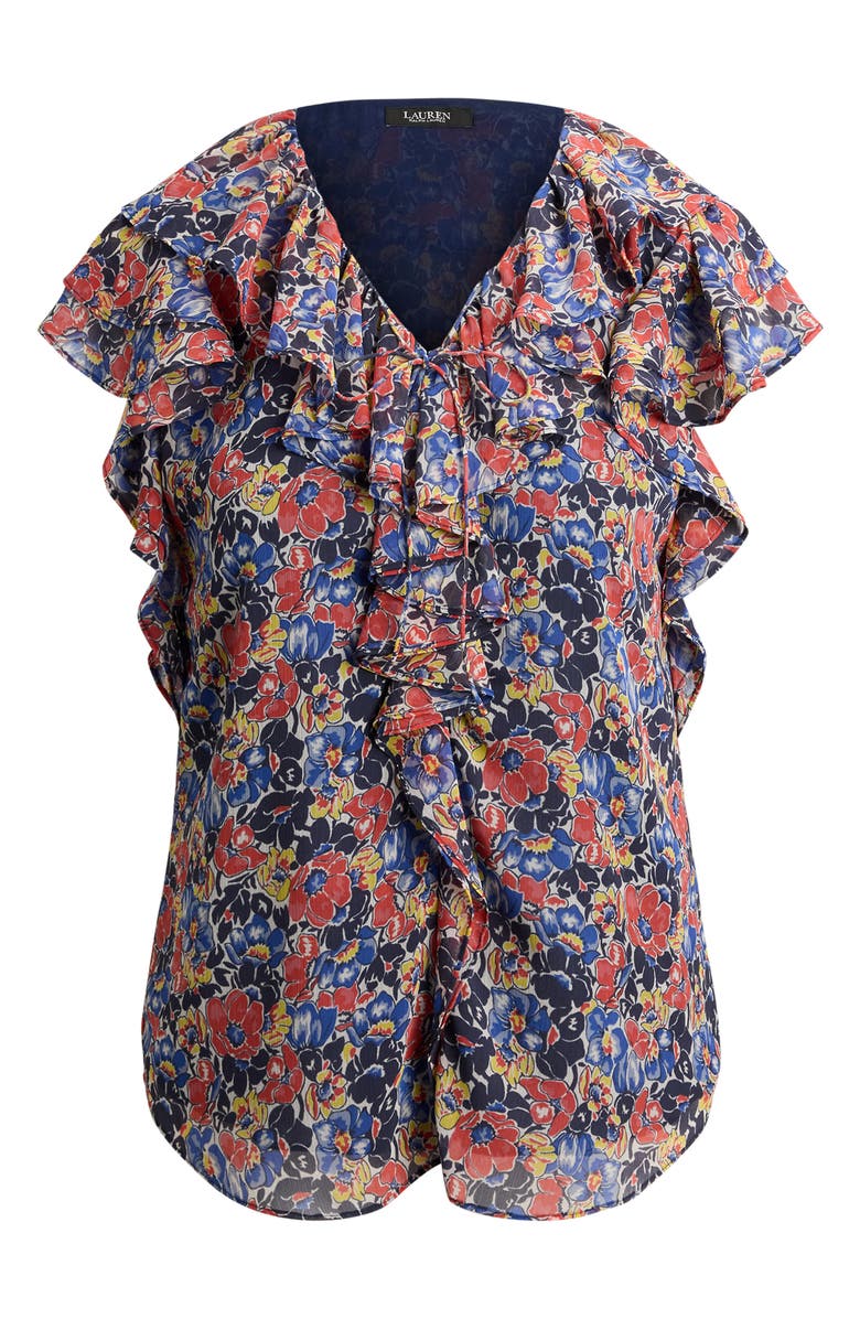 Lauren Ralph Lauren Floral Ruffle Accent Top, Alternate, color, Cream/ Red/ Blue