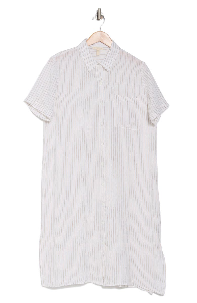 Eileen Fisher Pinstripe Short Sleeve Organic Linen Shirtdress, Main, color,