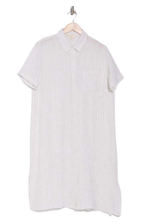 Pinstripe Short Sleeve Organic Linen Shirtdress (Petite)