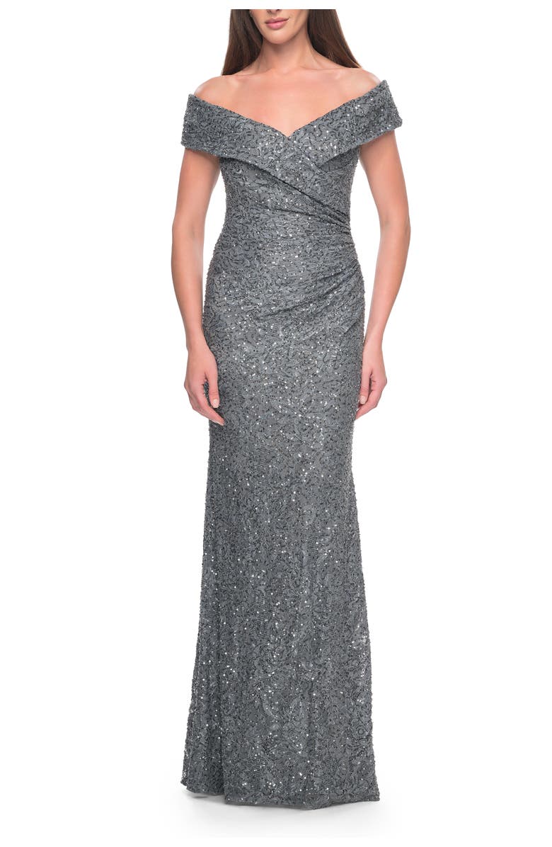 La Femme Off the Shoulder Beaded Lace Evening Gown, Main, color, Gunmetal