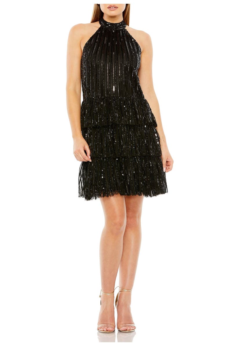 Mac Duggal High Neck A-Line Ruffle Sequin Mini Dress, Main, color, Black