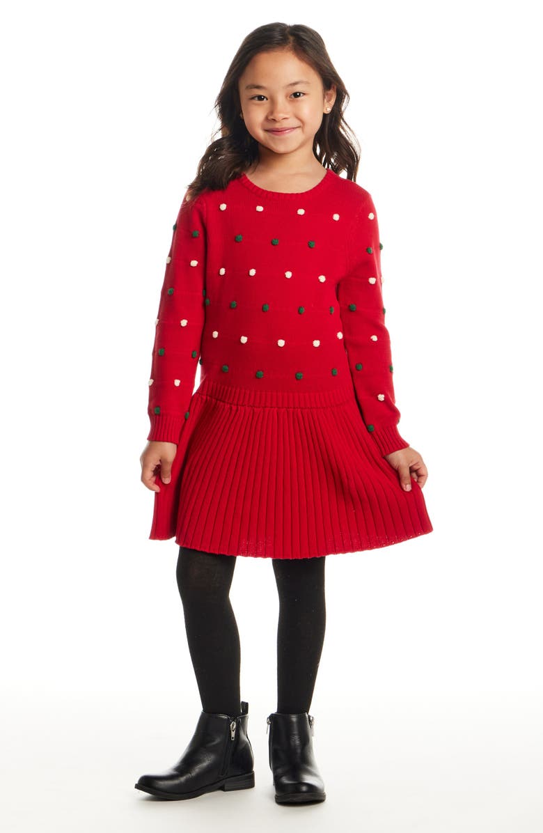 Andy & Evan Kids' Pompom Sweater Dress, Alternate, color, Red Bubble