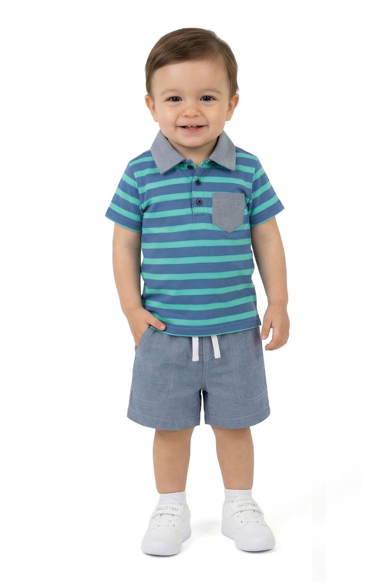 Stripe Stretch Cotton Piqué Polo & Shorts Set, Alternate, color, BLUE STRIPE