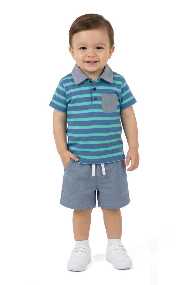 Andy & Evan Stripe Stretch Cotton Piqué Polo & Shorts Set, Alternate, color, Blue Stripe