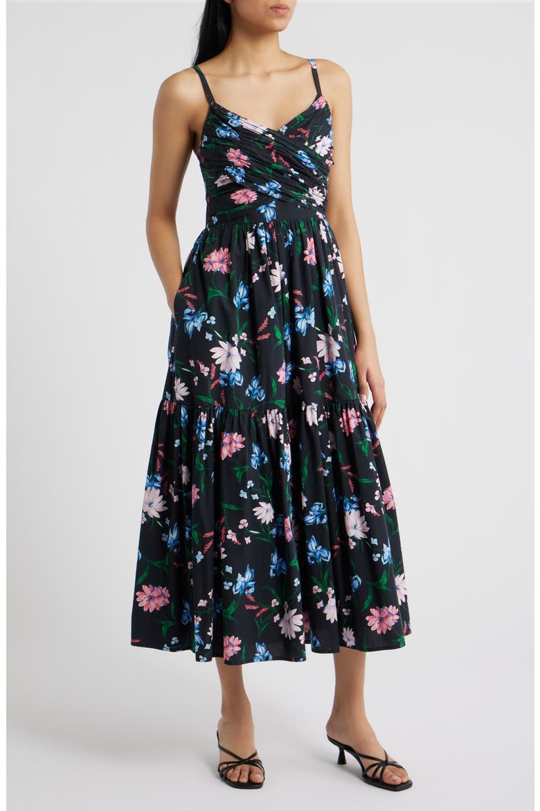 Floral Fit & Flare Midi Dress, Main, color, RICH BLACK