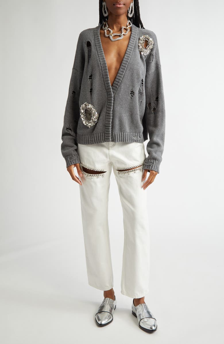 Area Distressed Crystal Cardigan, Alternate, color, Heathered Grey