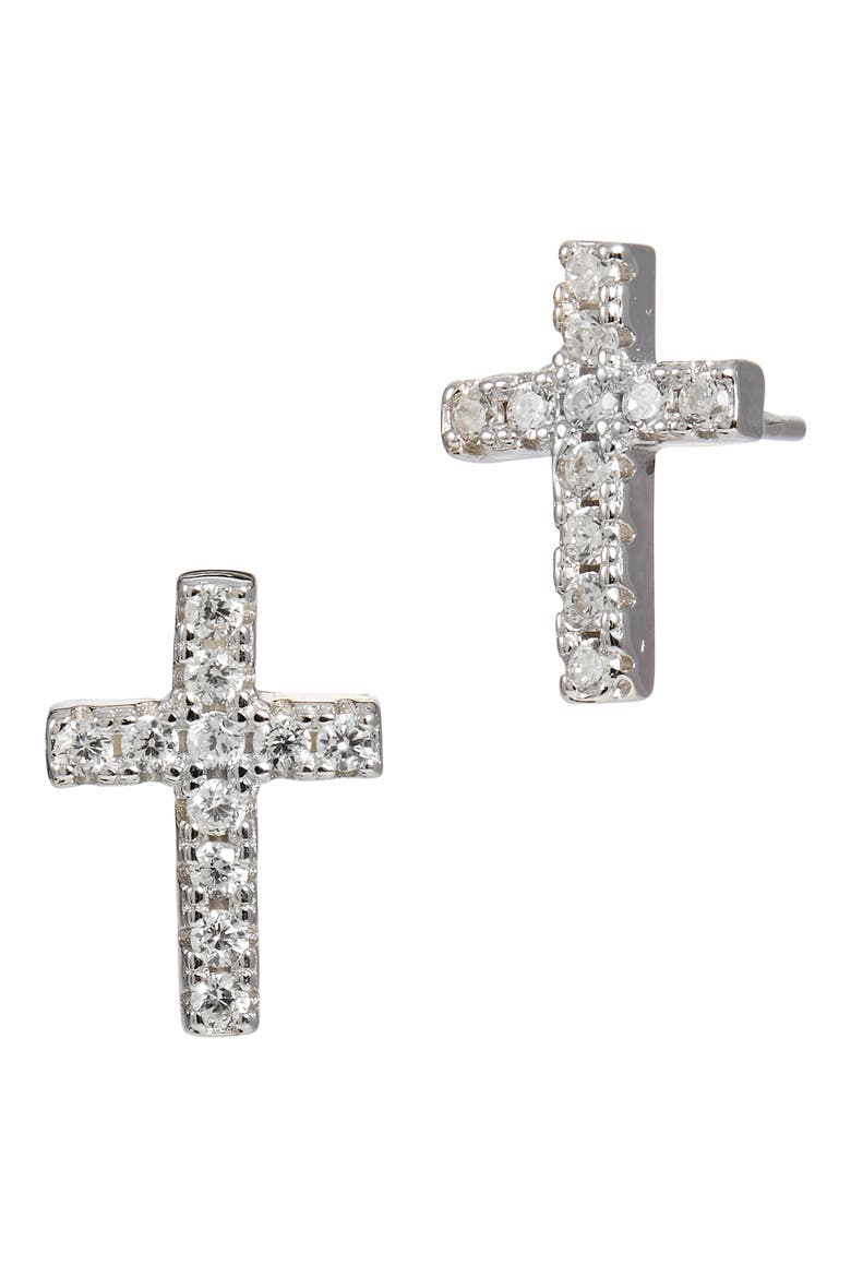 Sterling Silver Cubic Zirconia Cross Stud Earrings, Main, color, SILVER