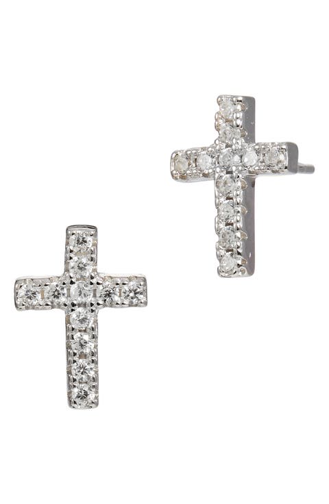 Sterling Silver Cubic Zirconia Cross Stud Earrings
