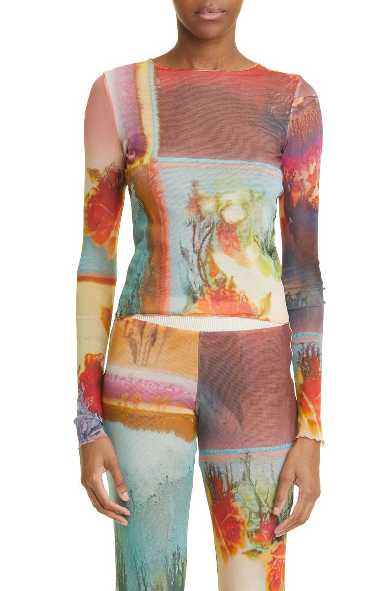 Jean Paul Gaultier Scarf Print Long Sleeve Tulle Top, Main, color, 