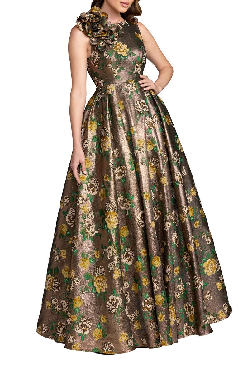 Sleeveless Brocade Ballgown With 3D Flower, Main, color, Gold