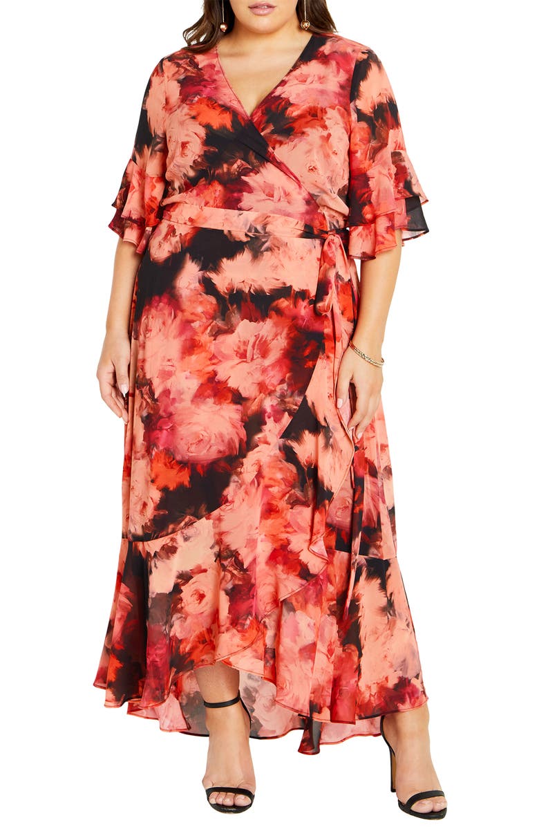 City Chic Mischa Floral Flutter Sleeve Wrap Maxi Dress, Main, color,
