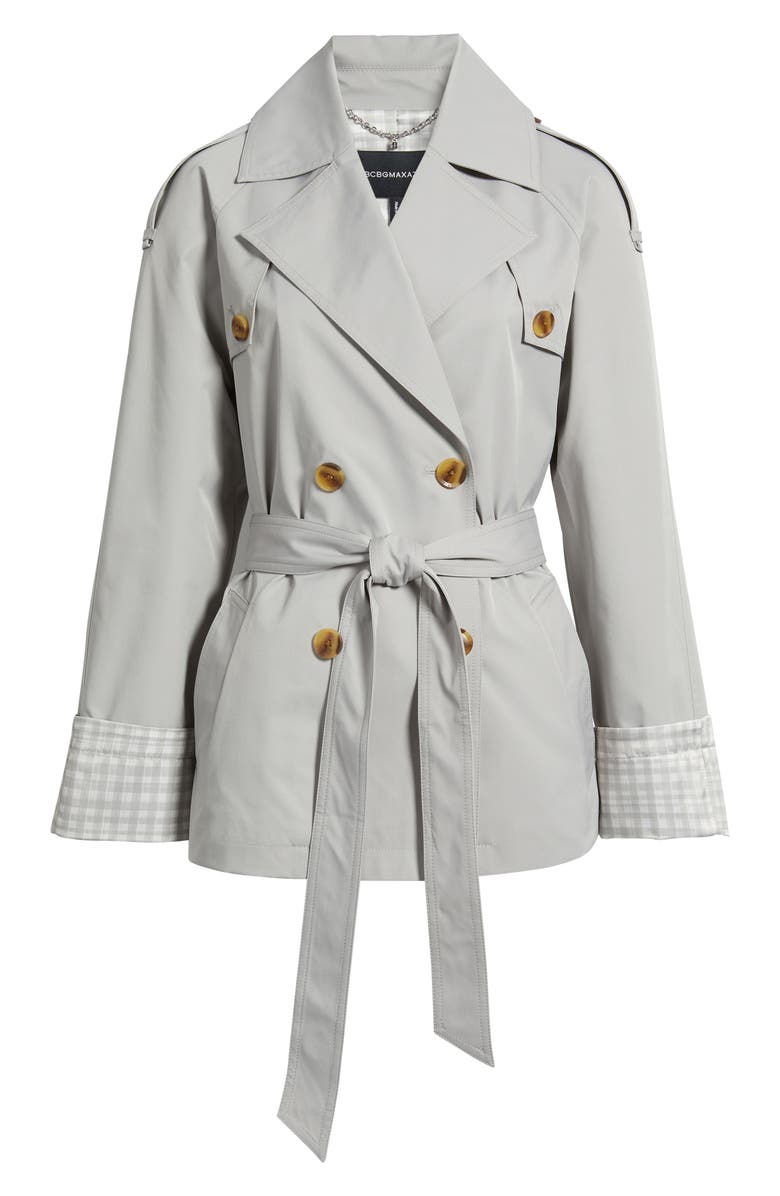 BCBG Water Resistant Gingham Cuff Double Breasted Trench Coat, Alternate, color, Stone