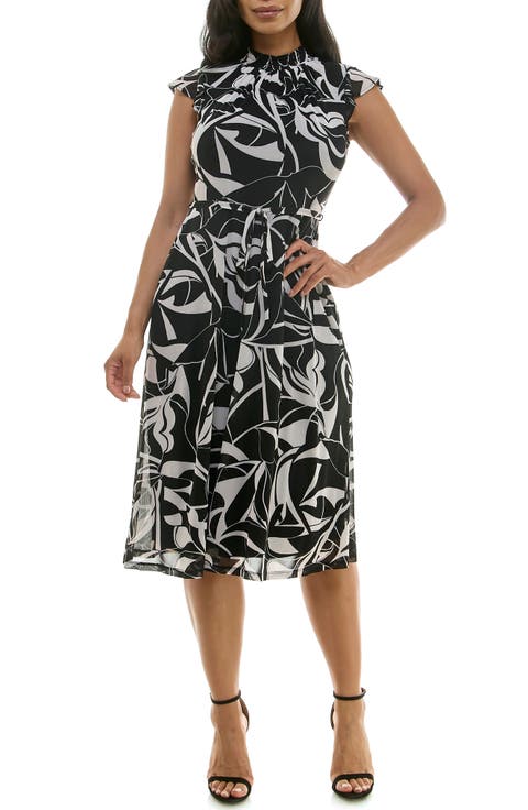 Mock Neck Flutter Sleeve Midi Dress