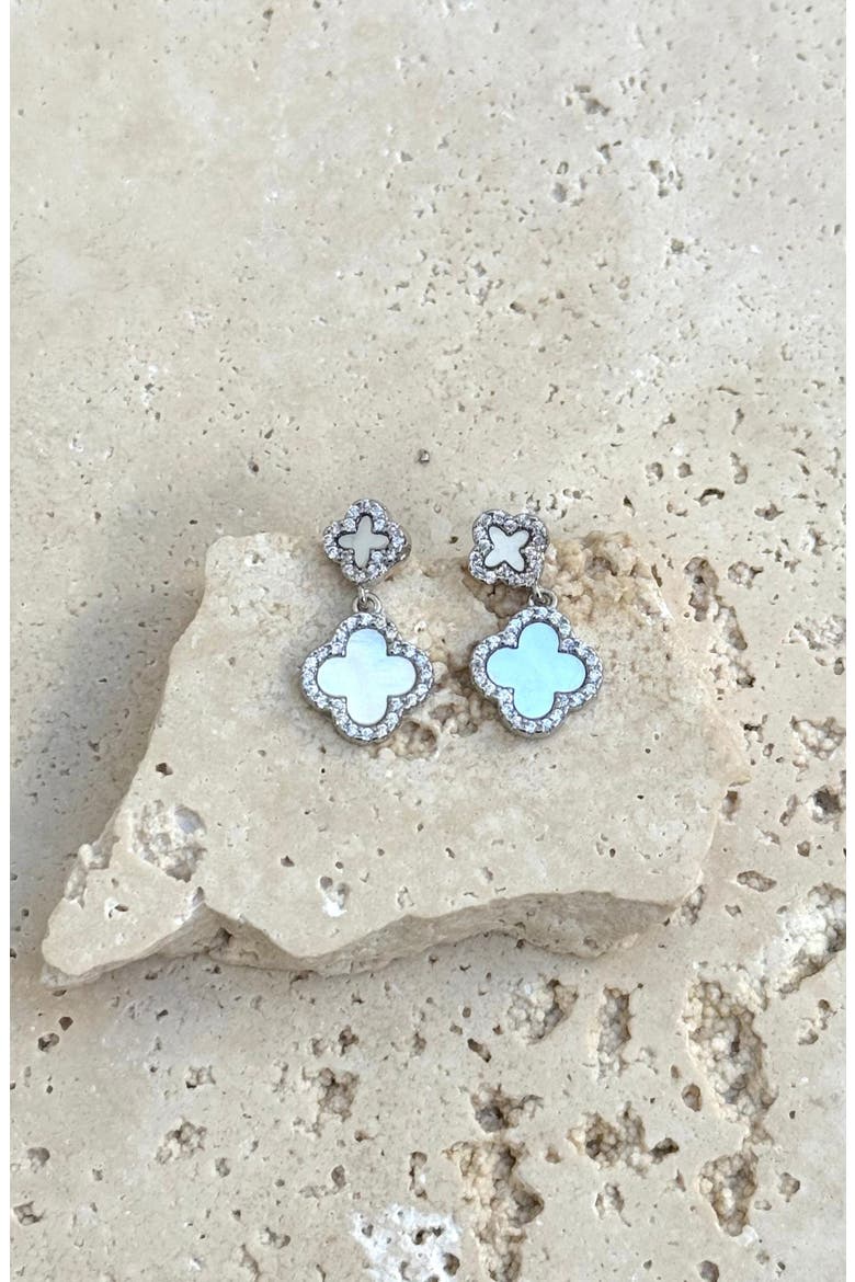 Pavé CZ Double Clover Drop Earrngs, Alternate, color, SILVER-WHITE