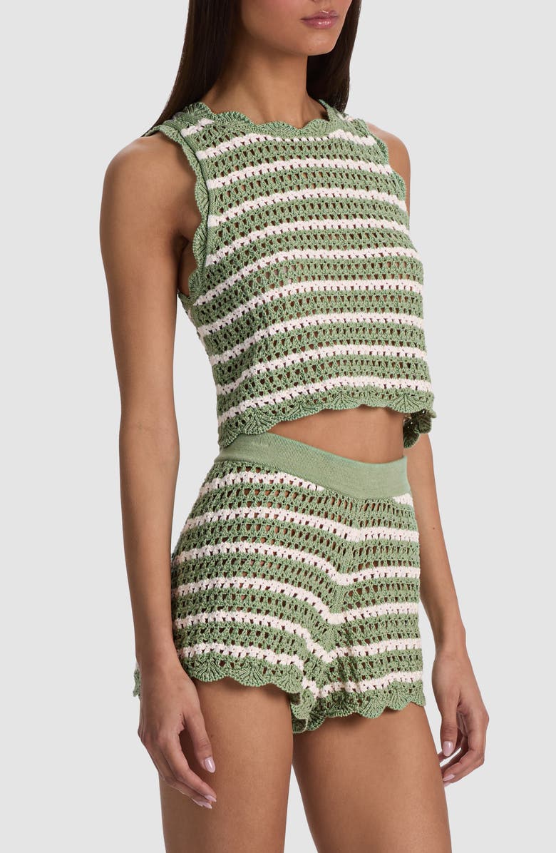 Alice + Olivia Ciara Crop Stripe Pointelle Knit Top, Alternate, color, Sage/ Soft White