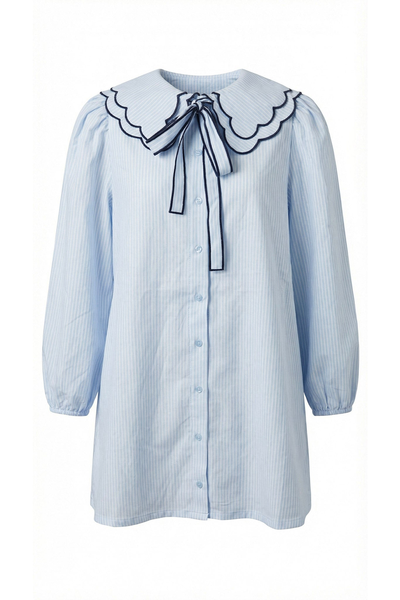 Striped Button-Front Scalloped Collar Dress, Alternate, color, Light Blue / White