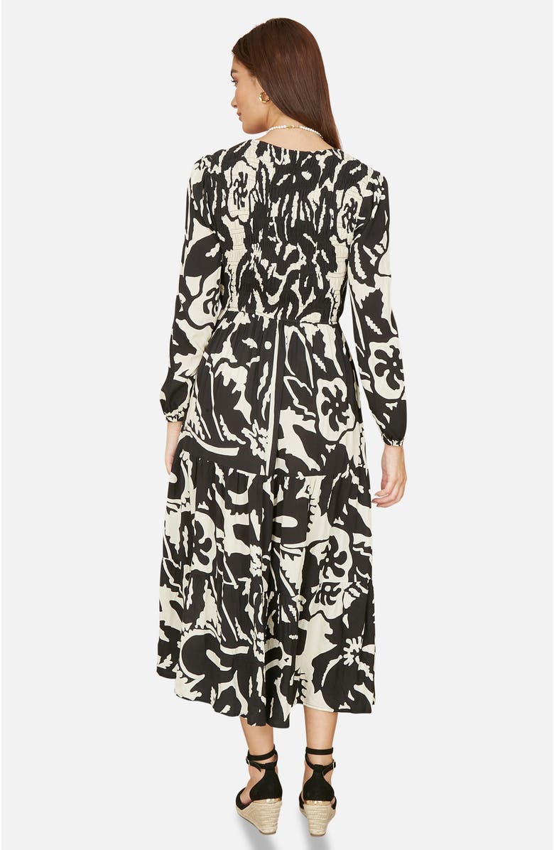 Yumi Abstract Print Ruched V-Neck Midi Dress, Alternate, color, Black