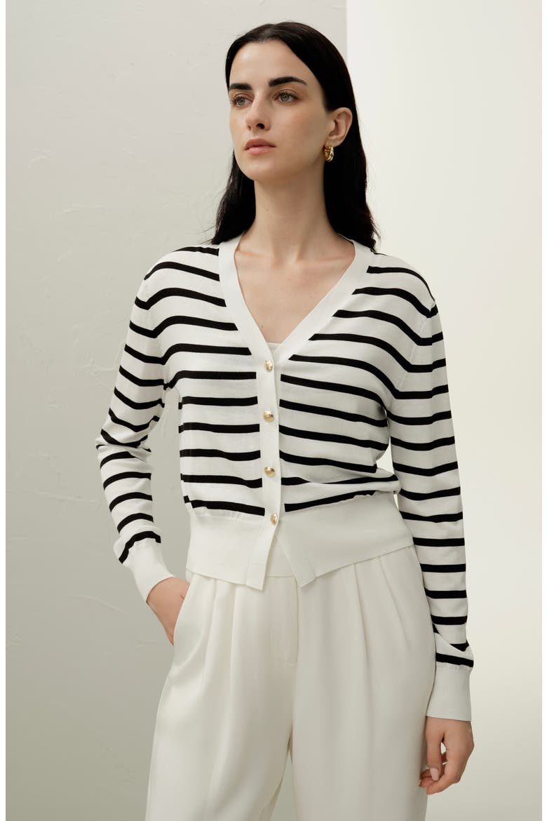 Women's Silk-Cotton Striped Knit Cardigan Set, Alternate, color, Black&White Stripes
