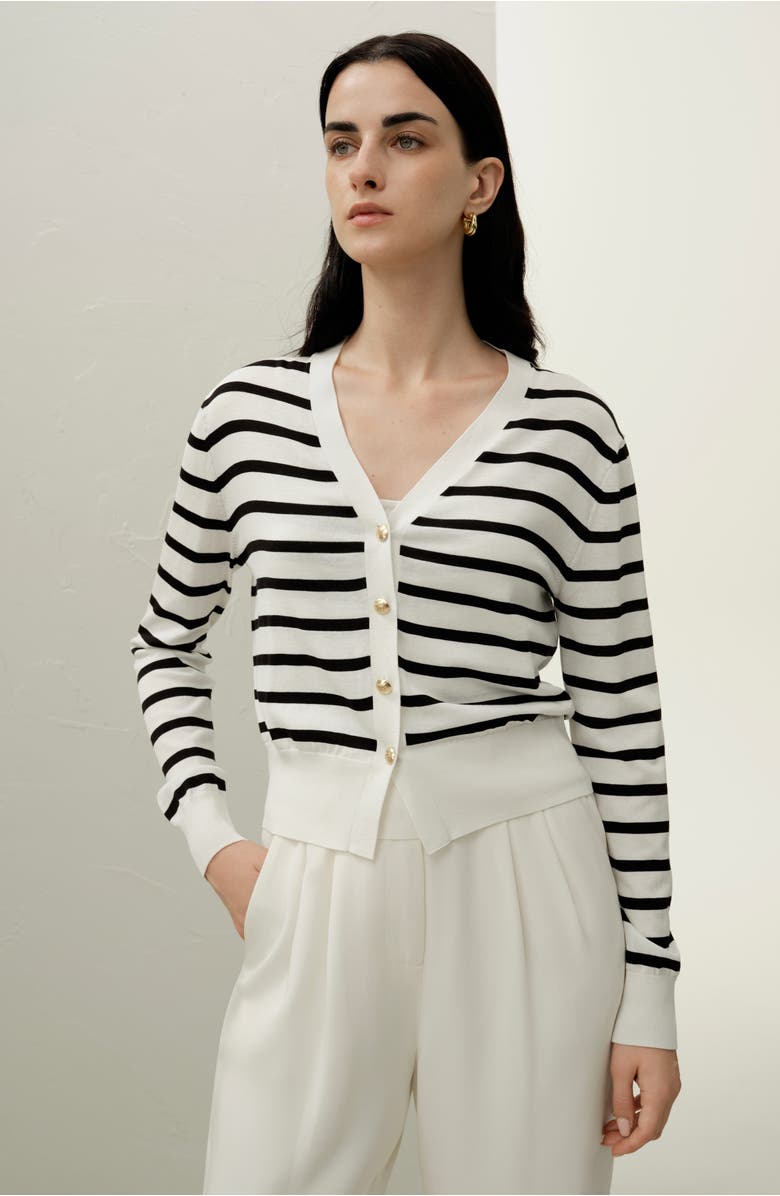 Lilysilk Silk-Cotton Striped Knit Cardigan Set, Alternate, color, Black&White Stripes