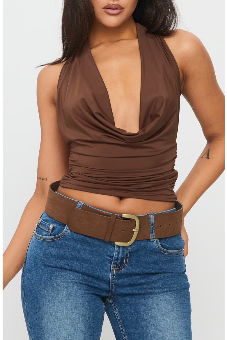 Remarkable Plunge Cowl Neck Halter Top, Main, color, BROWN